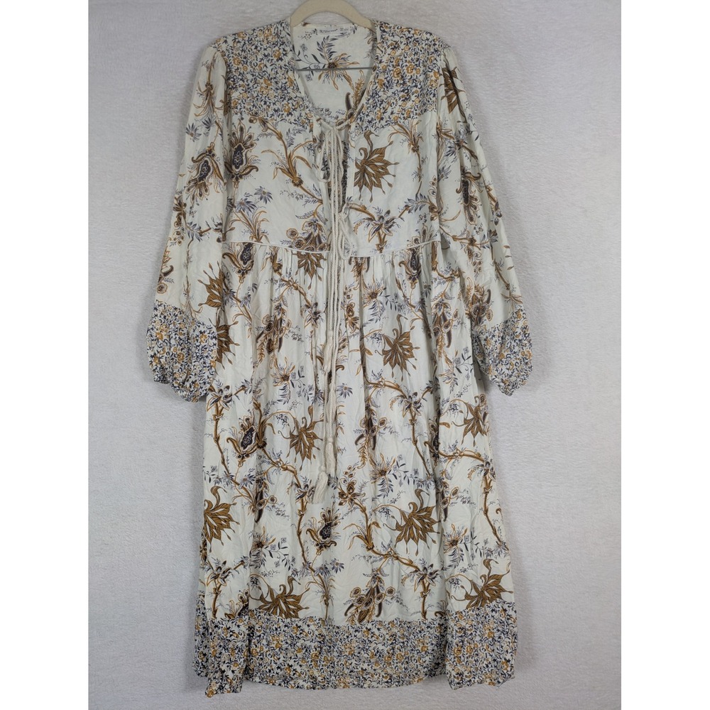 R.Vivimos Midi Dress Women's Large White Floral Paisley Boho Tie Front Tassel
